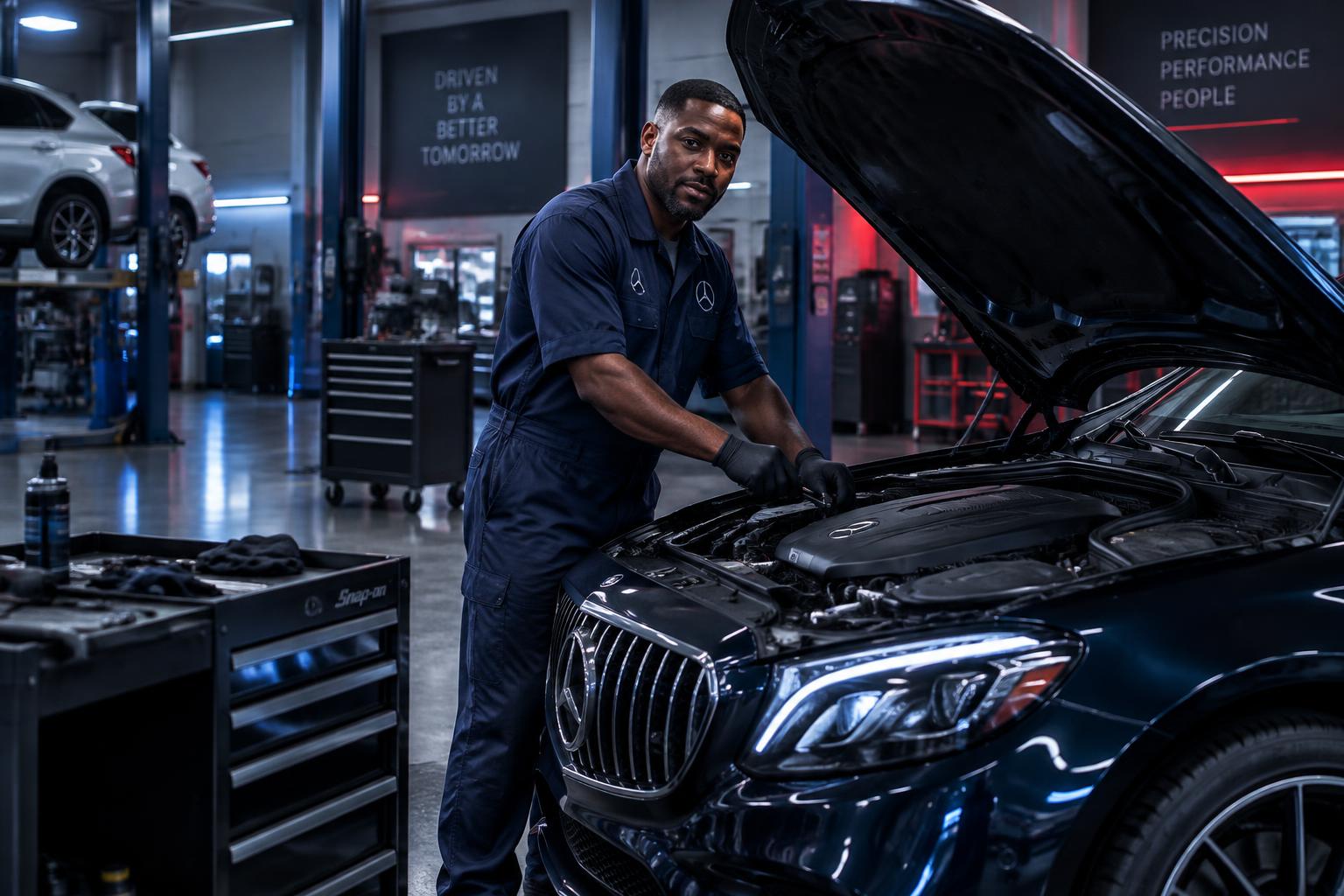 Mechanic inspecting a BMW engine in a professional workshop